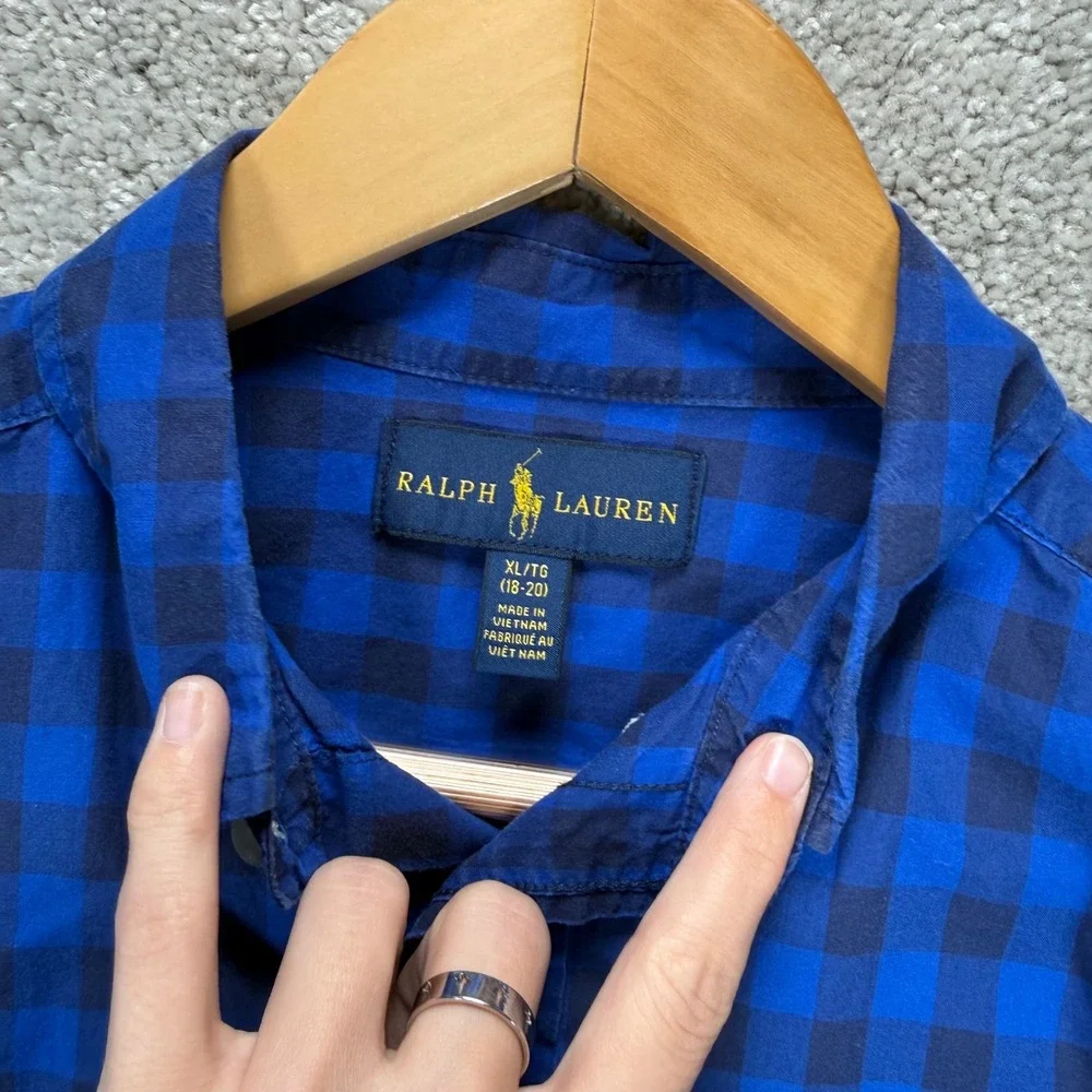Ralph Lauren Boys XL 18-20 Blue Gingham Plaid Button Down Shirt Long Sleeve